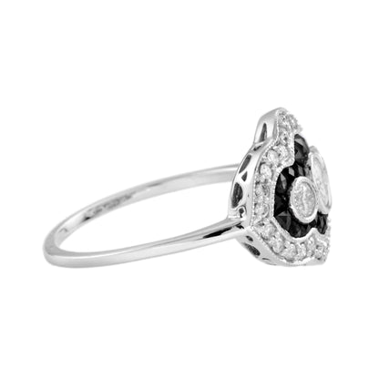 Diamond &Black Onyx Art Deco Style Three Stone 14K White Gold Ring