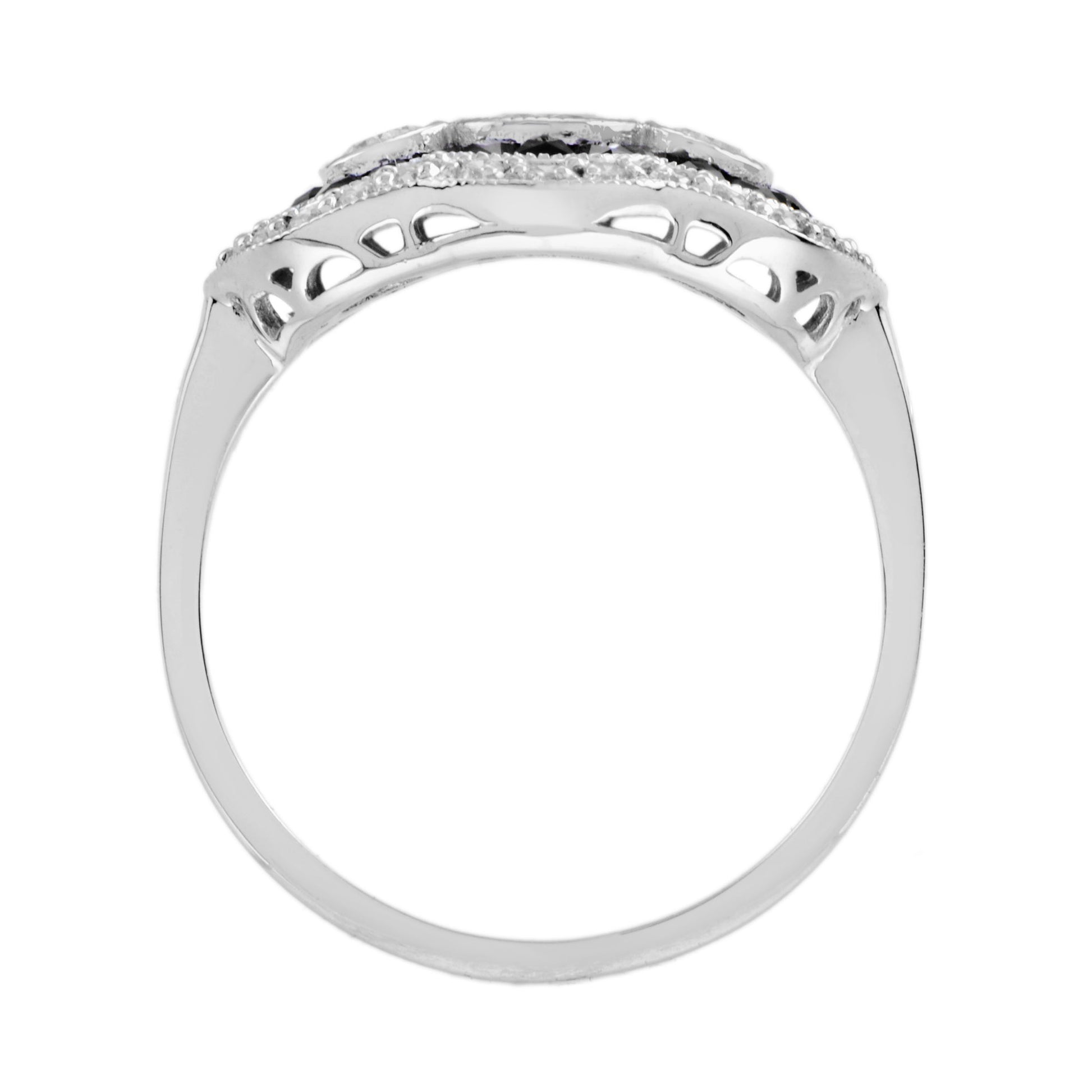 Diamond &Black Onyx Art Deco Style Three Stone 14K White Gold Ring
