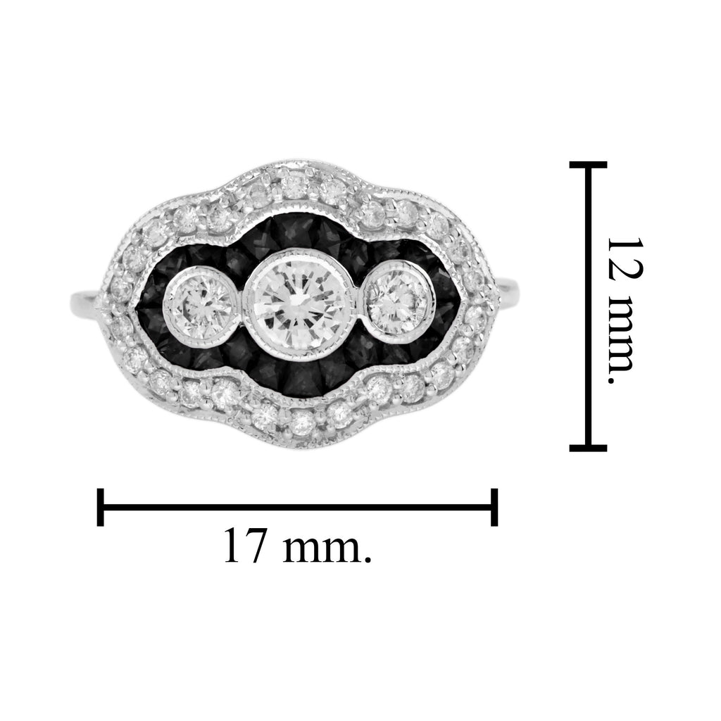 Diamond &Black Onyx Art Deco Style Three Stone 14K White Gold Ring