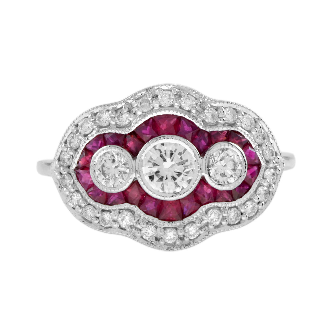 Diamond &amp; Red Pink Ruby Art Deco Style Three Stone 14K White Gold Ring
