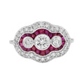 1.52 ctw Art Deco Style Ruby & Diamond Three Stone French Cut Milgrain 14K White Gold Ring