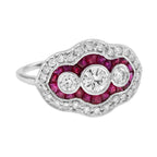 1.52 ctw Art Deco Style Ruby & Diamond Three Stone French Cut Milgrain 14K White Gold Ring