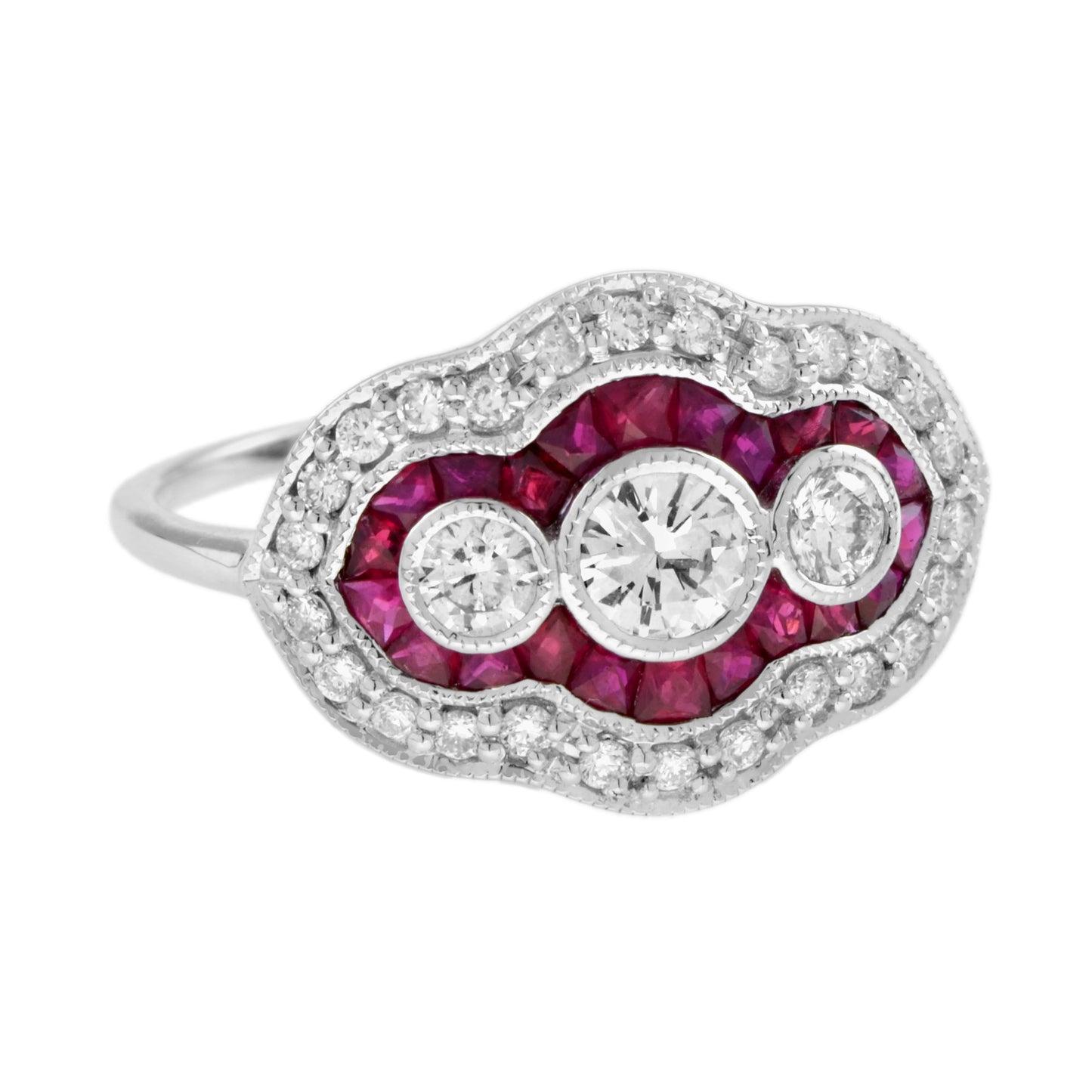 diamond & red pink ruby art deco style three stone 14k white gold ring