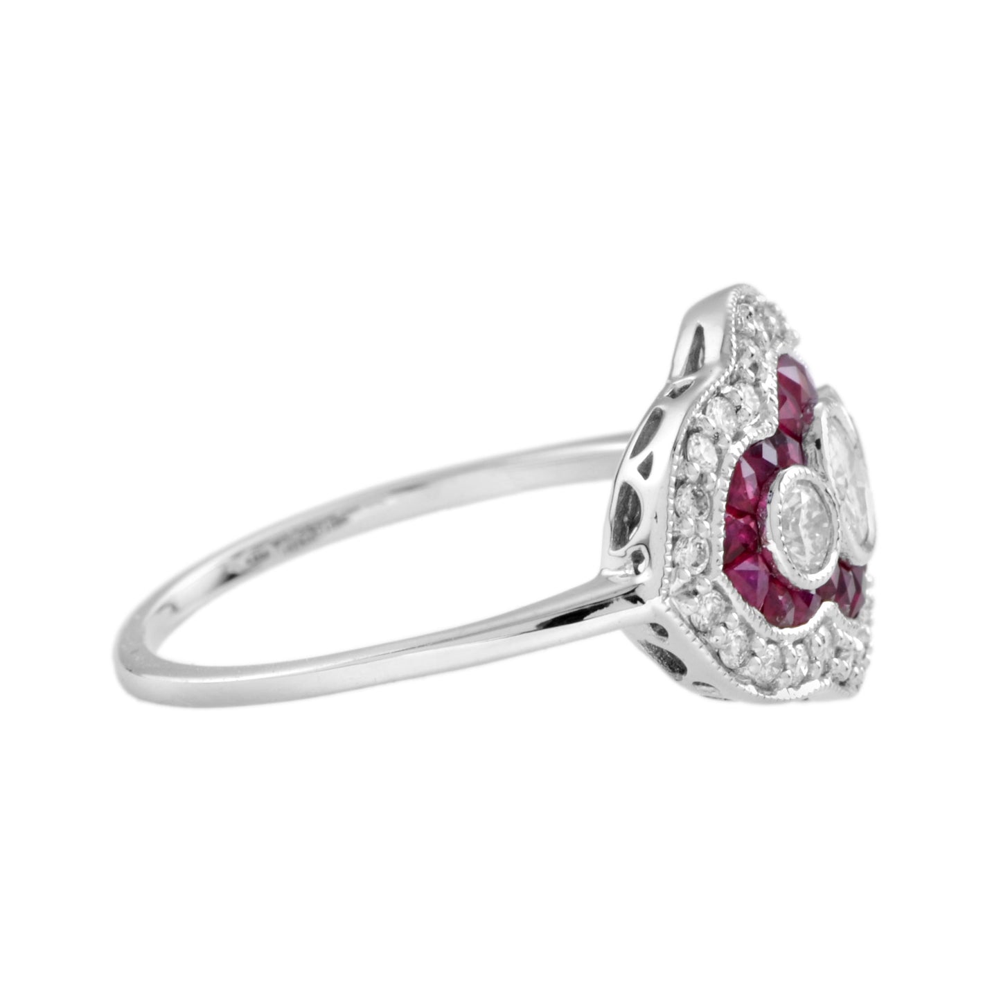 diamond & red pink ruby art deco style three stone 14k white gold ring