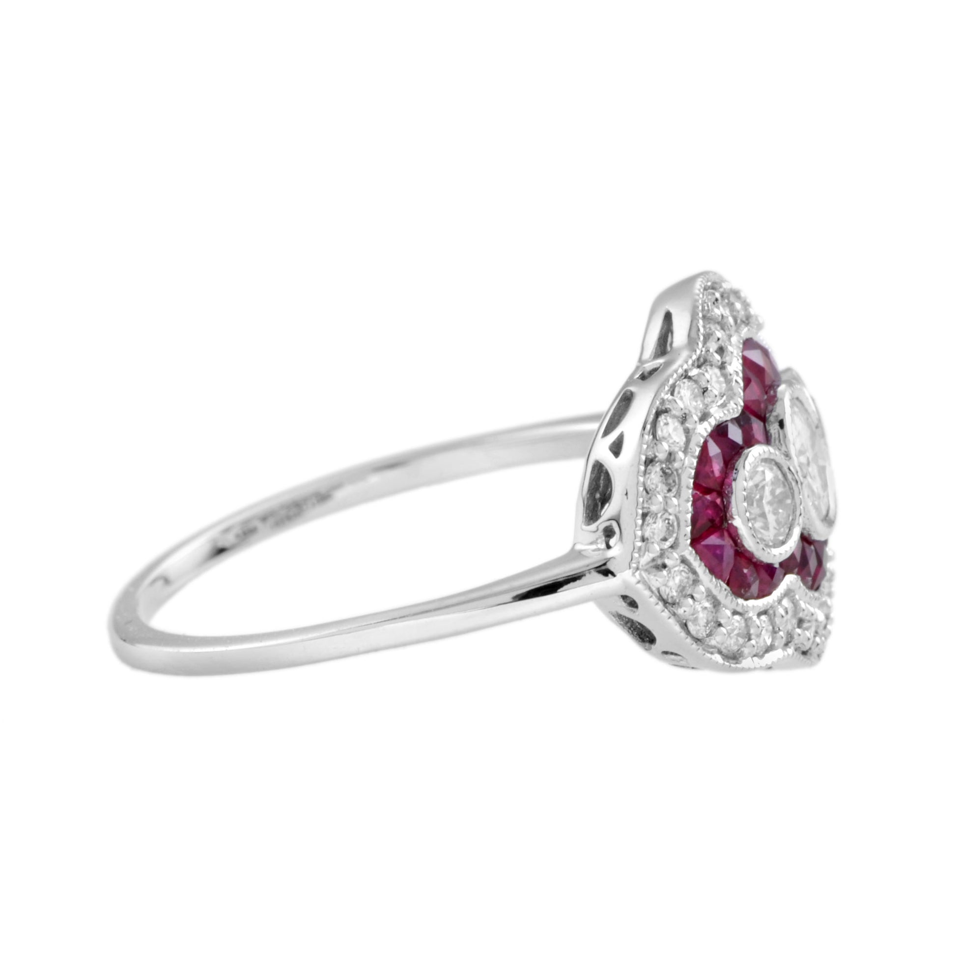 Diamond & Red Pink Ruby Art Deco Style Three Stone 14K White Gold Ring