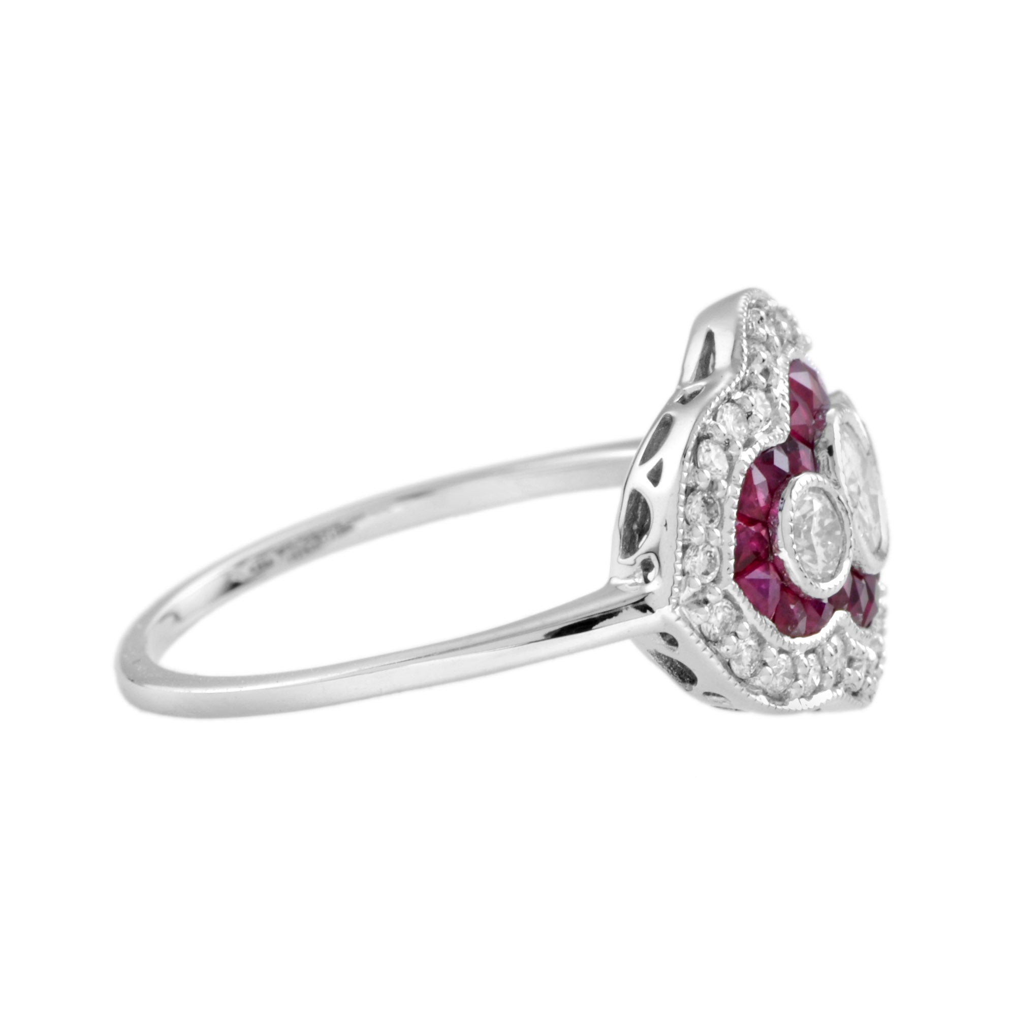 Diamond &amp; Red Pink Ruby Art Deco Style Three Stone 14K White Gold Ring