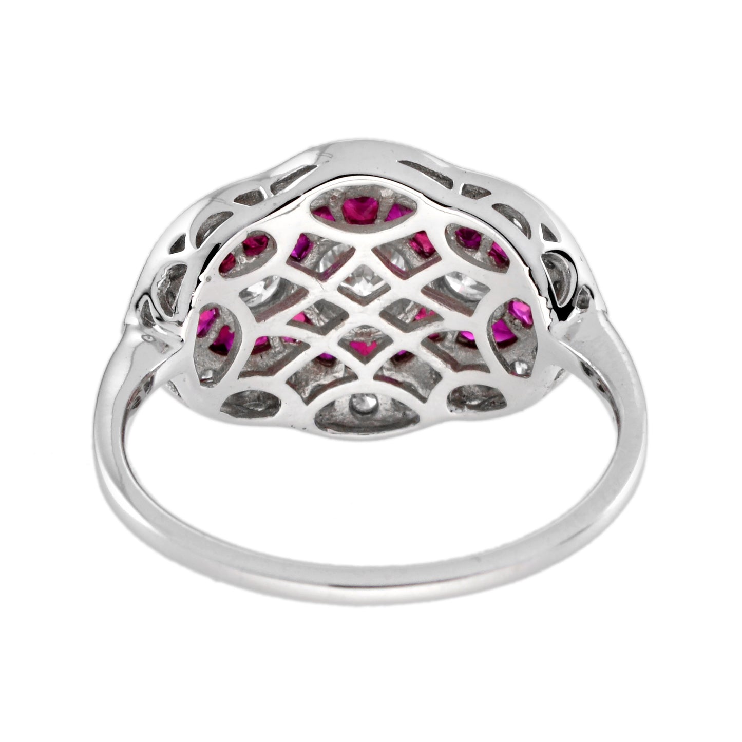 diamond & red pink ruby art deco style three stone 14k white gold ring