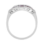 Diamond & Red Pink Ruby Art Deco Style Three Stone 14K White Gold Ring