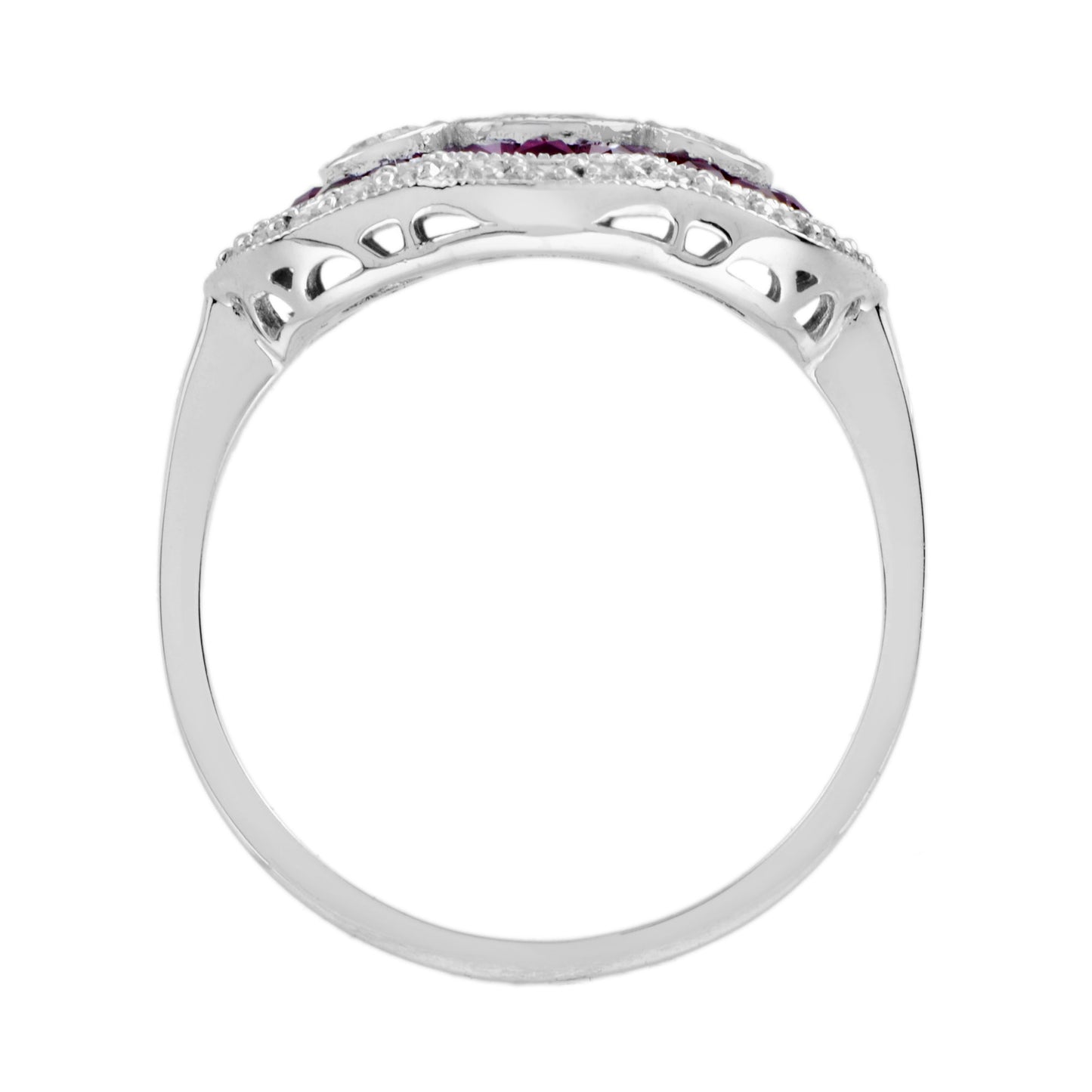 diamond & red pink ruby art deco style three stone 14k white gold ring