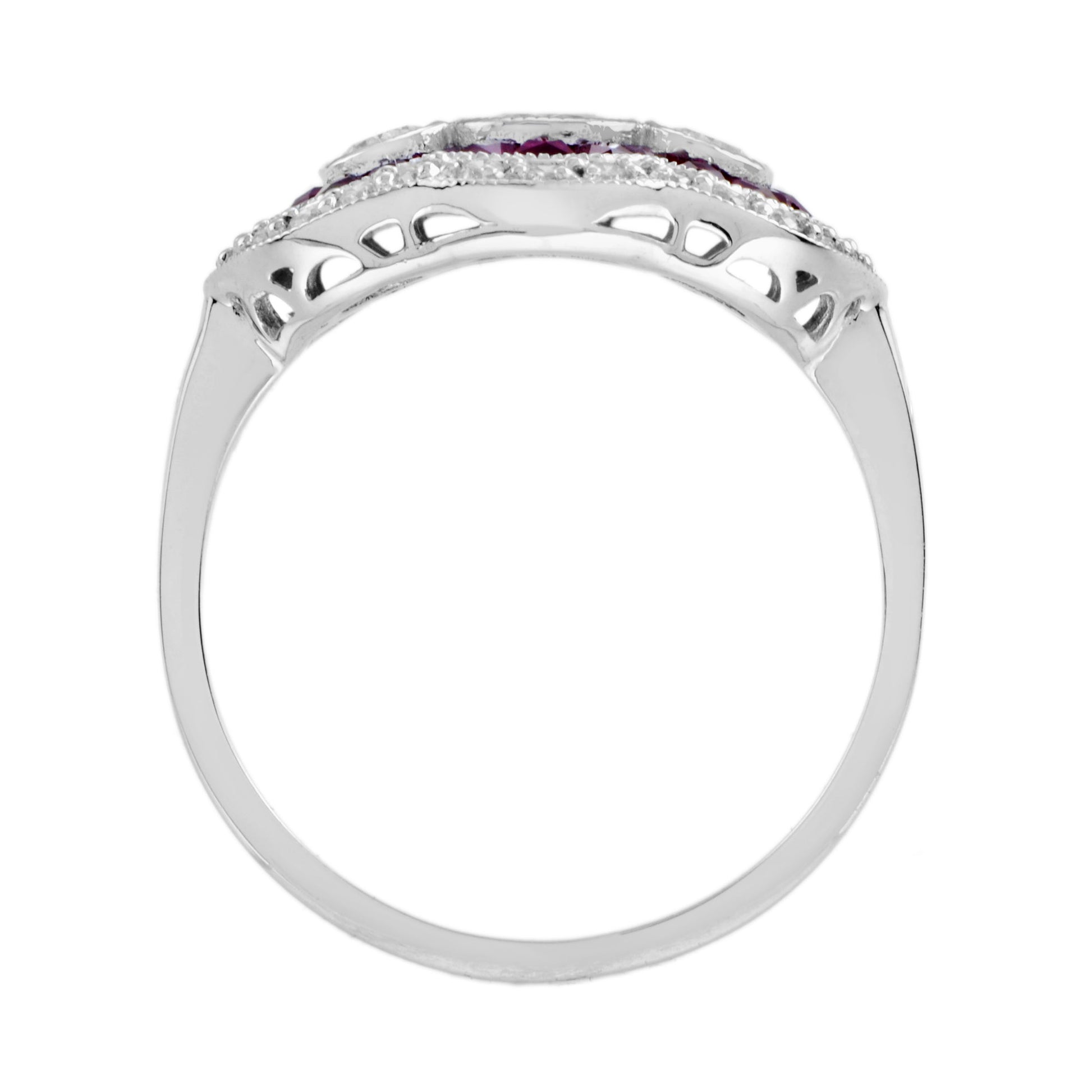 Diamond & Red Pink Ruby Art Deco Style Three Stone 14K White Gold Ring