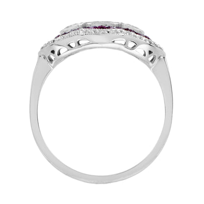 Diamond & Red Pink Ruby Art Deco Style Three Stone 14K White Gold Ring