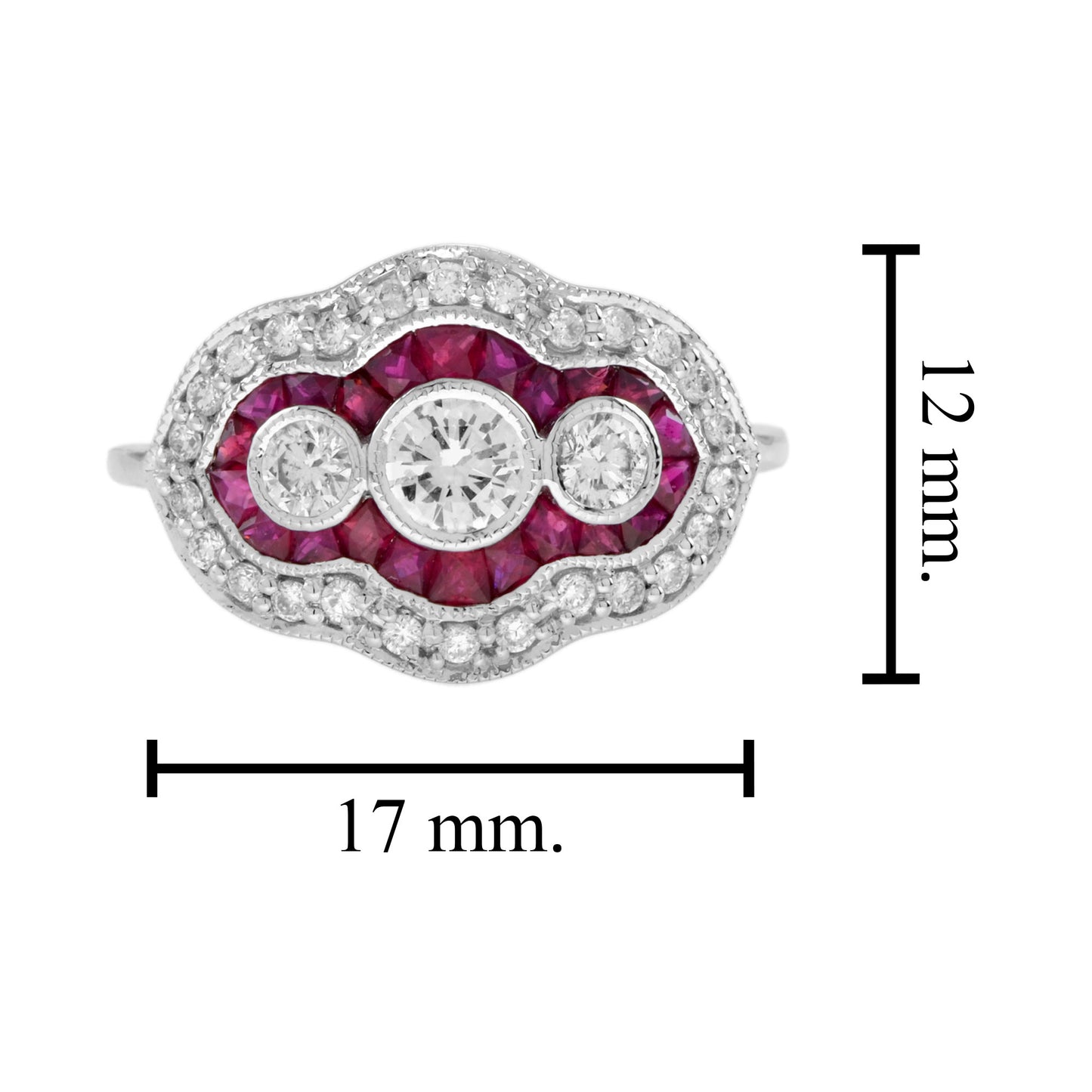 diamond & red pink ruby art deco style three stone 14k white gold ring