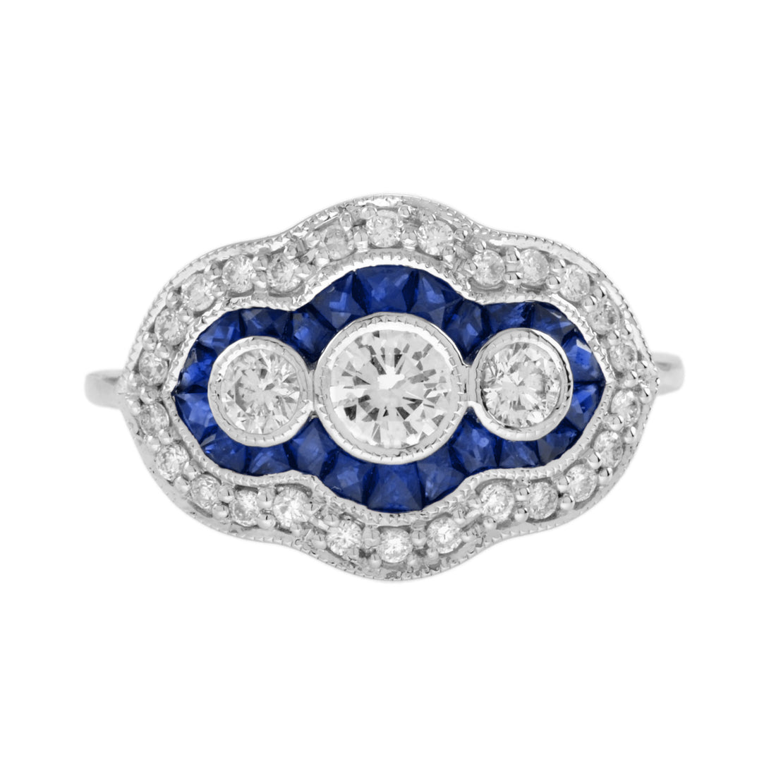 Round Diamond & Blue Sapphire Art Deco Style Three Stone Halo White Gold Ring