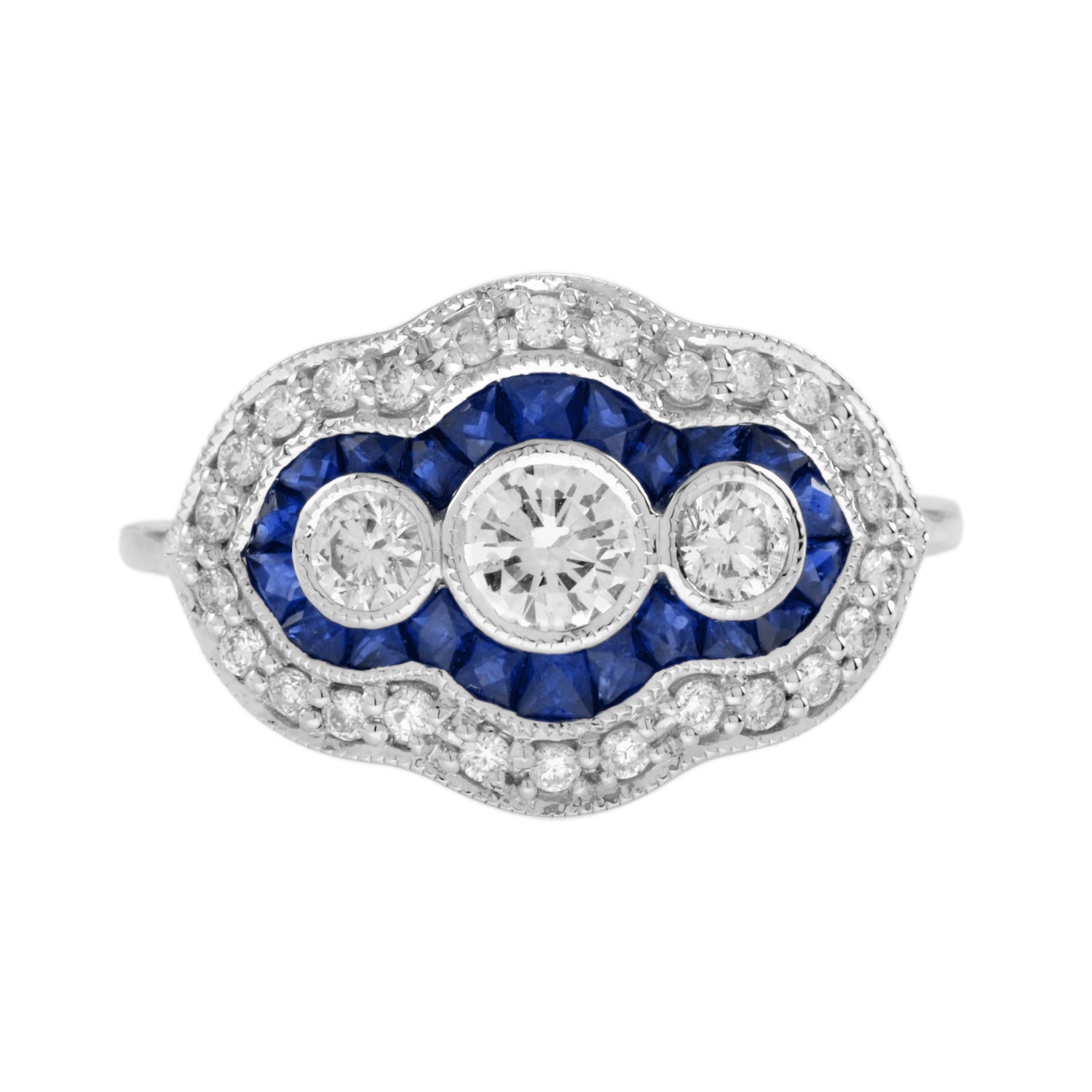 Round Diamond &amp; Blue Sapphire Art Deco Style Three Stone Halo White Gold Ring