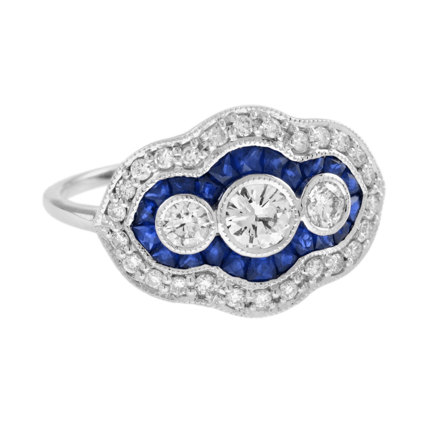 round diamond & blue sapphire art deco style three stone halo white gold ring