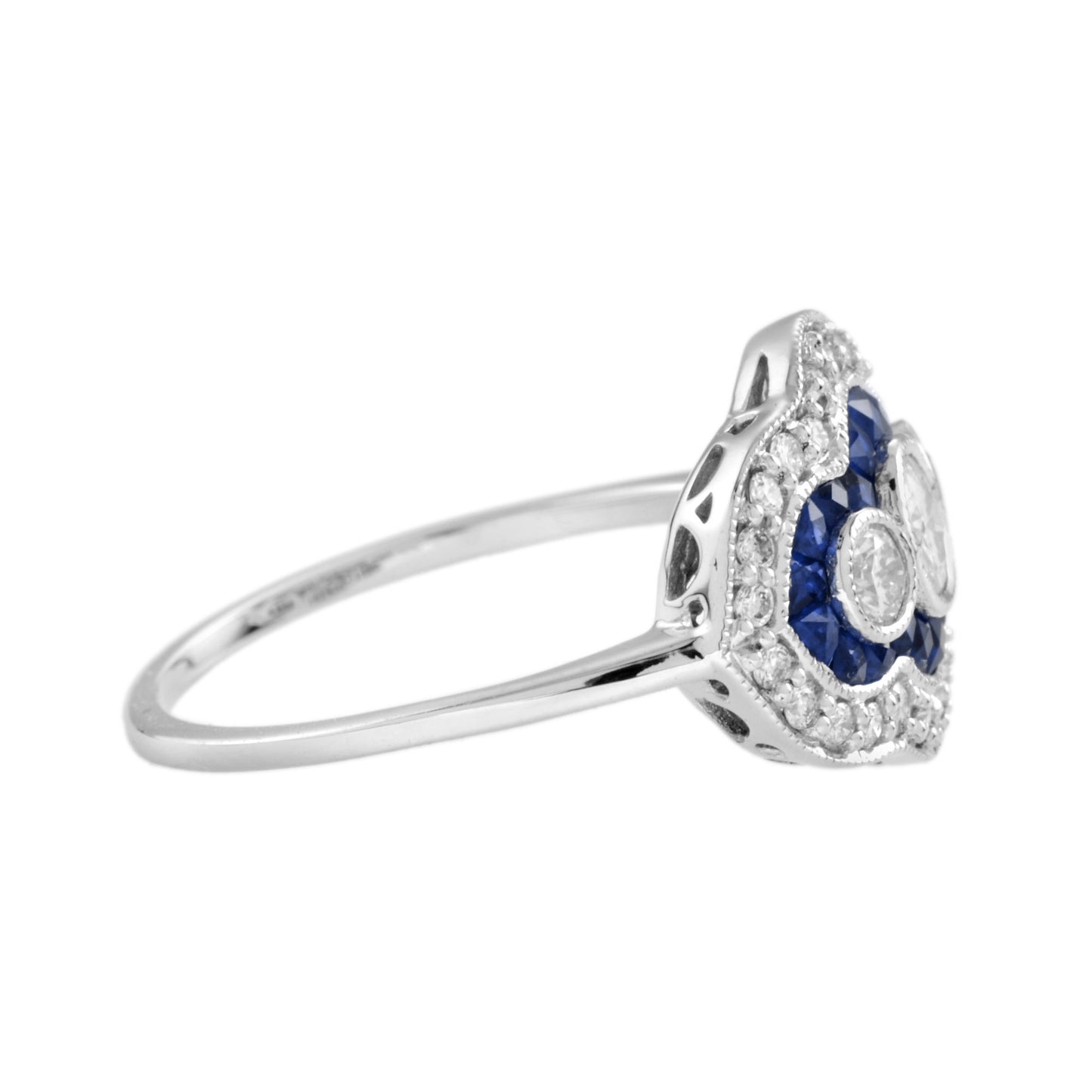 round diamond & blue sapphire art deco style three stone halo white gold ring
