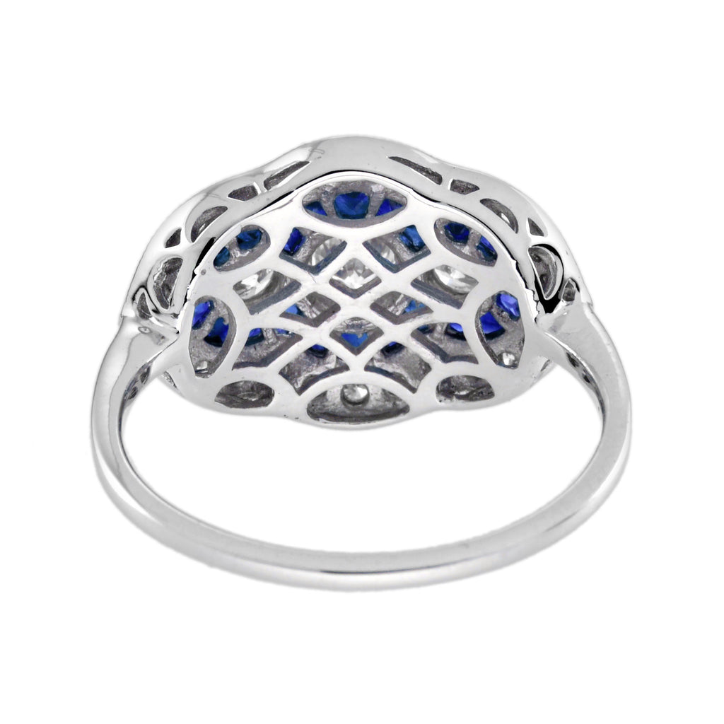 Round Diamond & Blue Sapphire Art Deco Style Three Stone Halo White Gold Ring