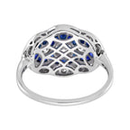 Round Diamond & Blue Sapphire Art Deco Style Three Stone Halo White Gold Ring