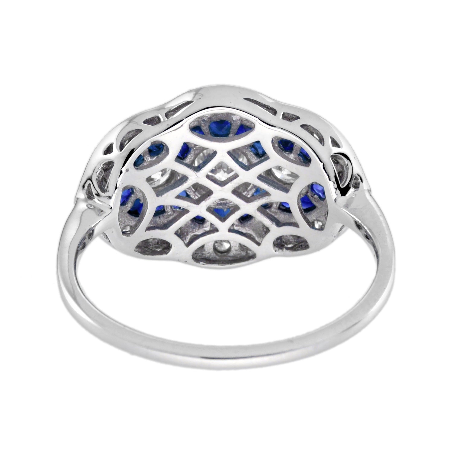 Round Diamond &amp; Blue Sapphire Art Deco Style Three Stone Halo White Gold Ring