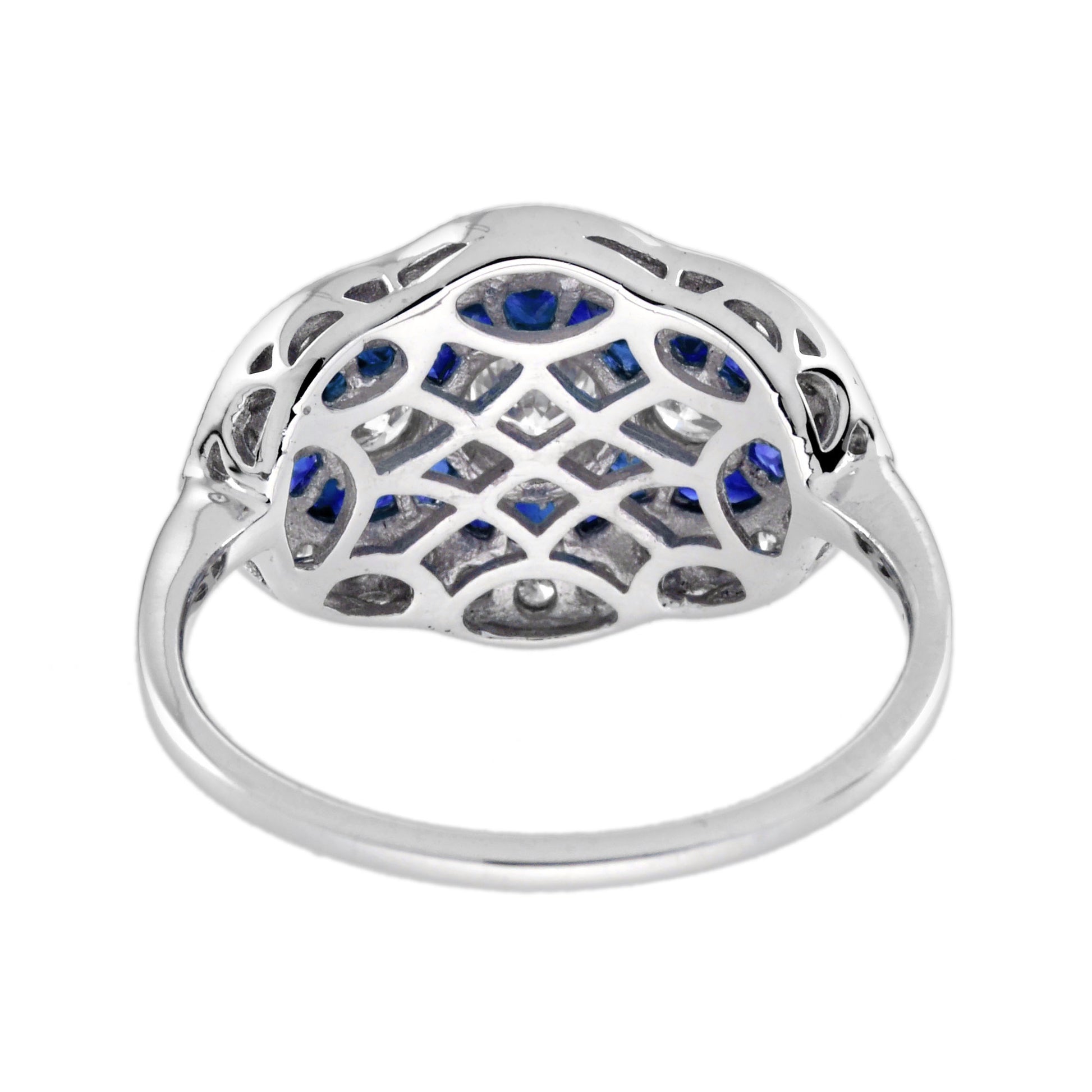 Round Diamond & Blue Sapphire Art Deco Style Three Stone Halo White Gold Ring