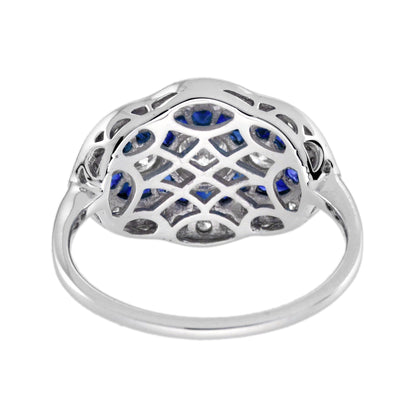 Round Diamond & Blue Sapphire Art Deco Style Three Stone Halo White Gold Ring