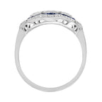 Round Diamond & Blue Sapphire Art Deco Style Three Stone Halo White Gold Ring