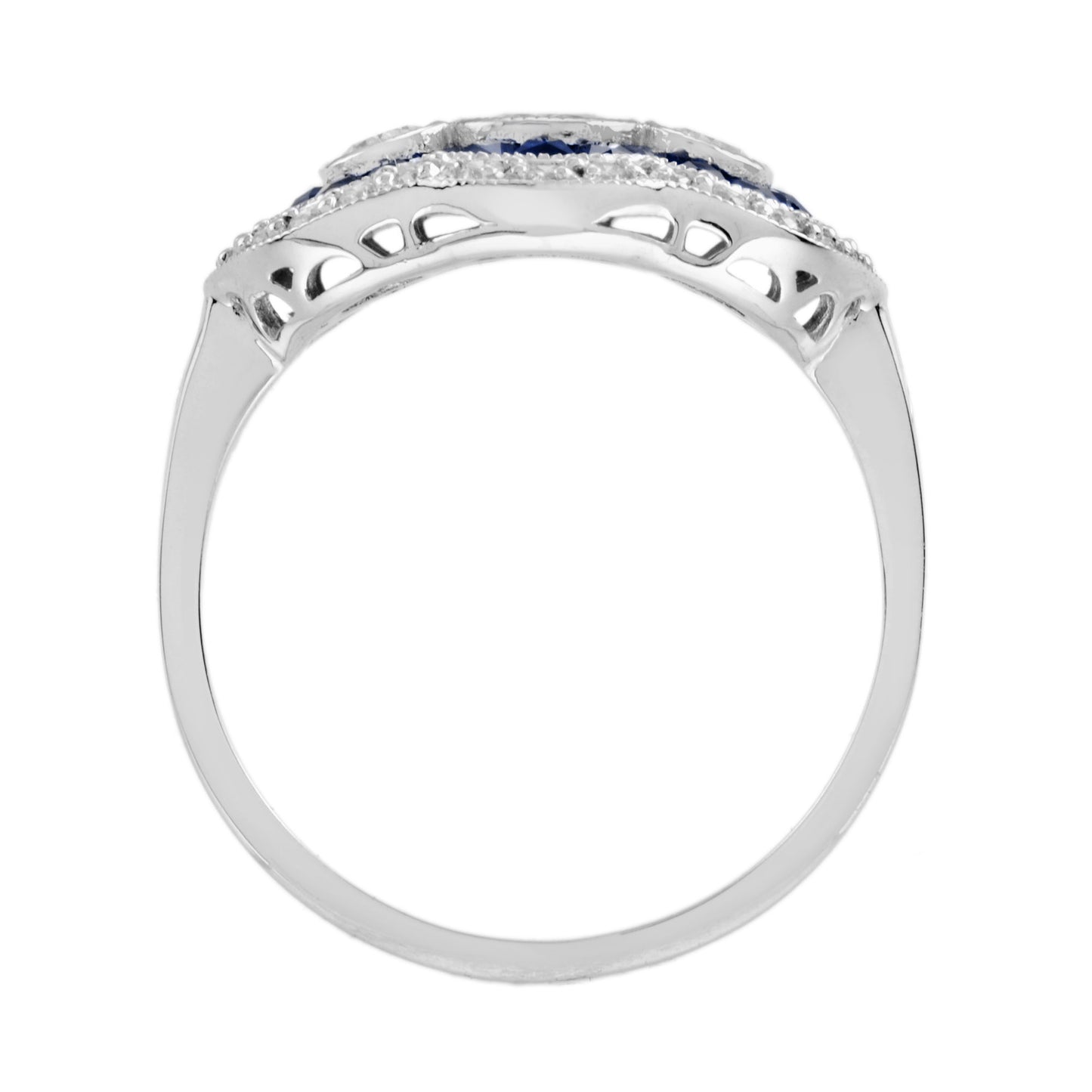 round diamond & blue sapphire art deco style three stone halo white gold ring