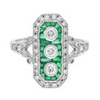 Art Deco Style Diamond & Green Emerald Three Stone White Gold Shield Ring