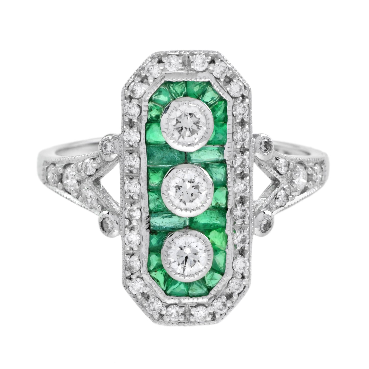 art deco style diamond & green emerald three stone white gold shield ring