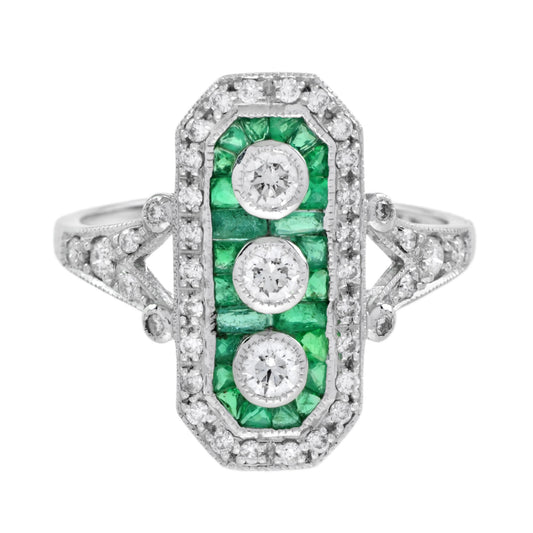 Art Deco Style Diamond & Green Emerald Three Stone White Gold Shield Ring