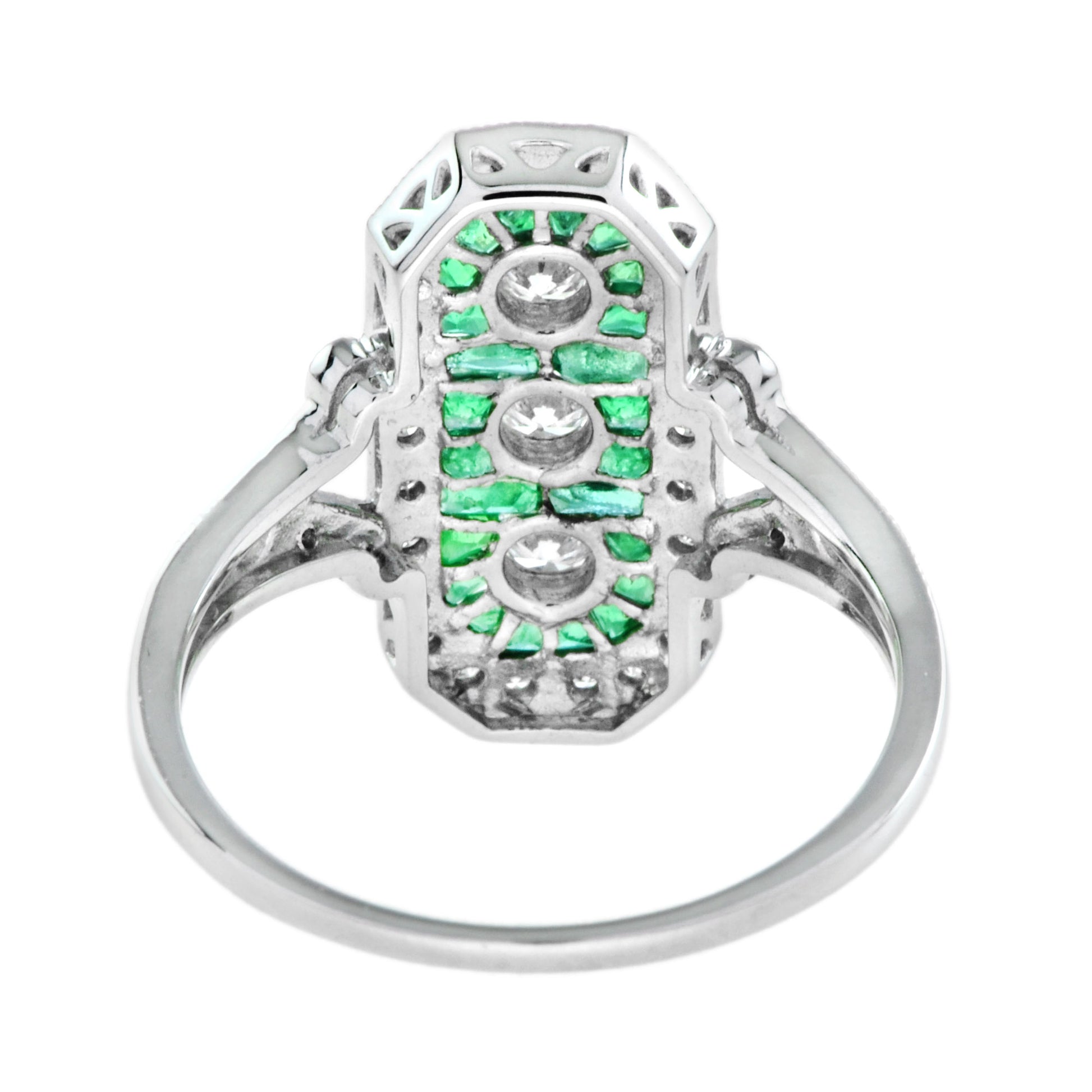 Art Deco Style Diamond & Green Emerald Three Stone White Gold Shield Ring