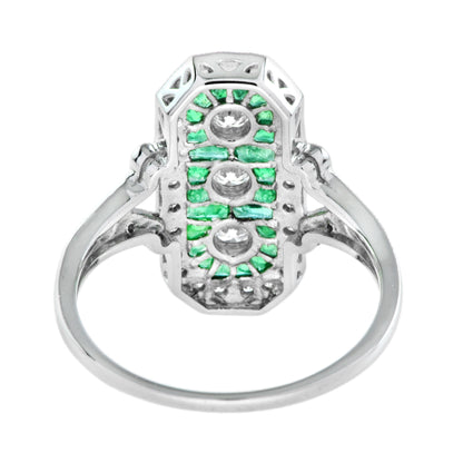 Art Deco Style Diamond & Green Emerald Three Stone White Gold Shield Ring