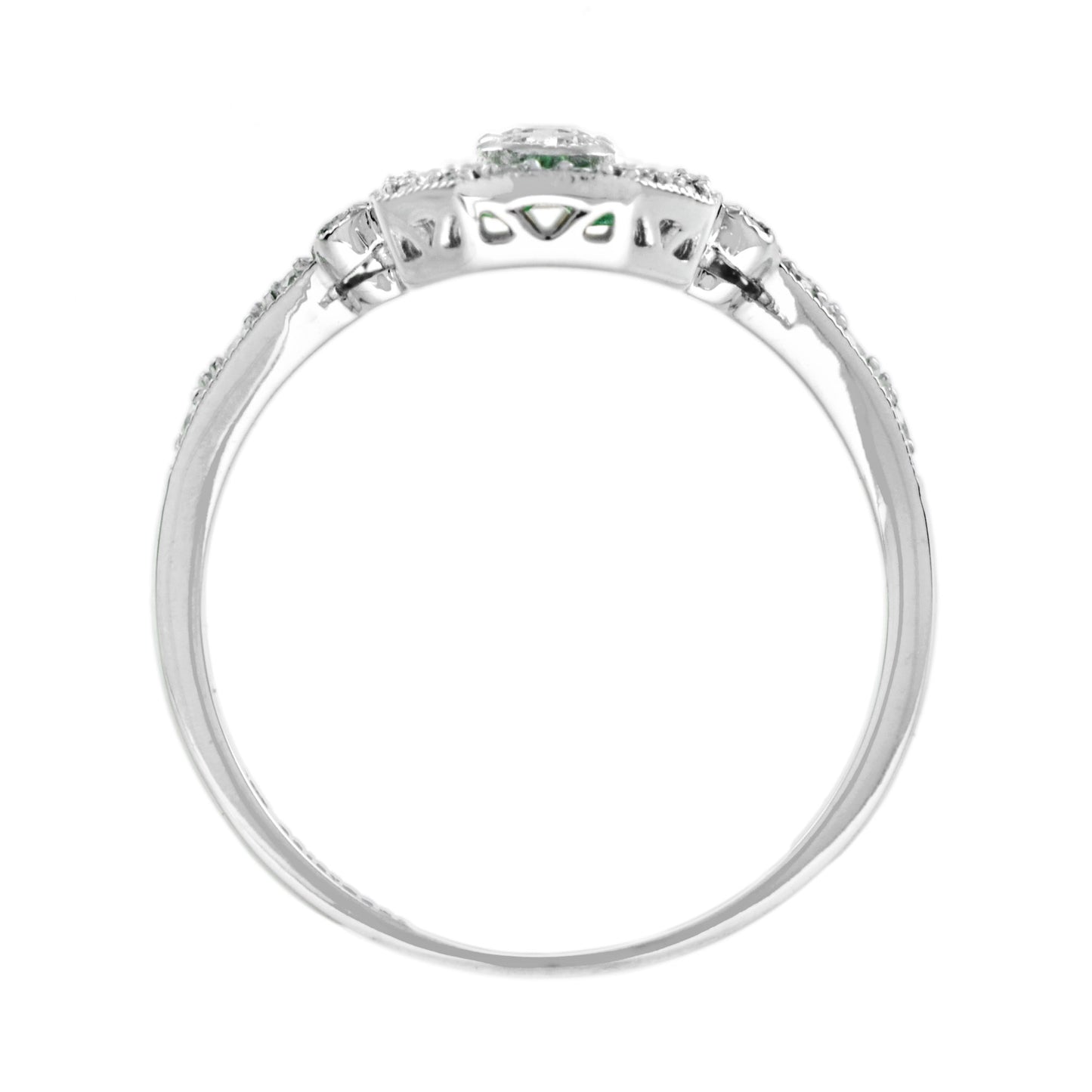 art deco style diamond & green emerald three stone white gold shield ring