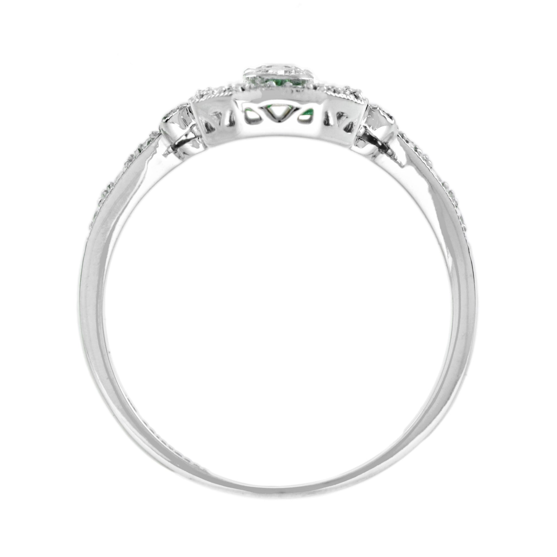 Art Deco Style Diamond & Green Emerald Three Stone White Gold Shield Ring