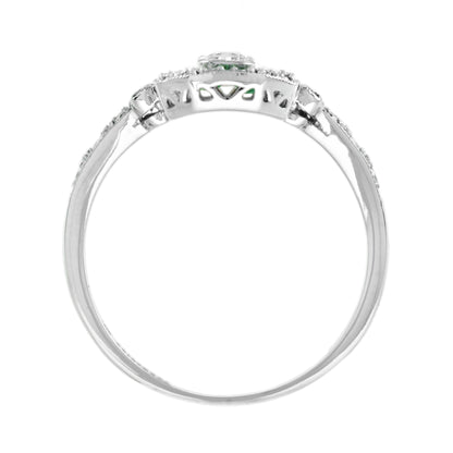 Art Deco Style Diamond & Green Emerald Three Stone White Gold Shield Ring
