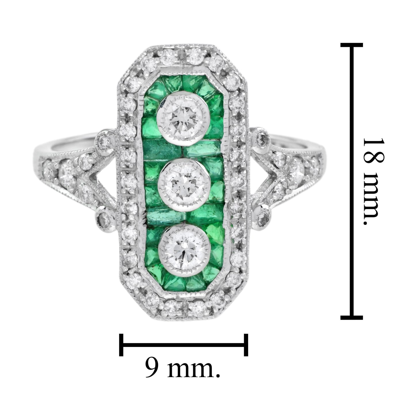 art deco style diamond & green emerald three stone white gold shield ring