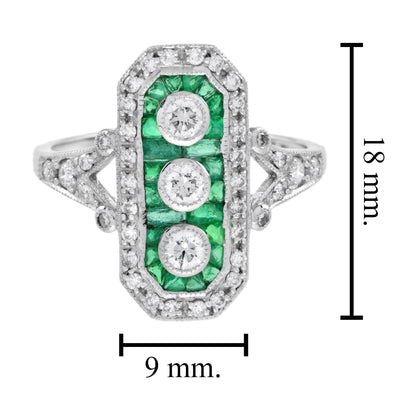 Art Deco Style Diamond & Green Emerald Three Stone White Gold Shield Ring