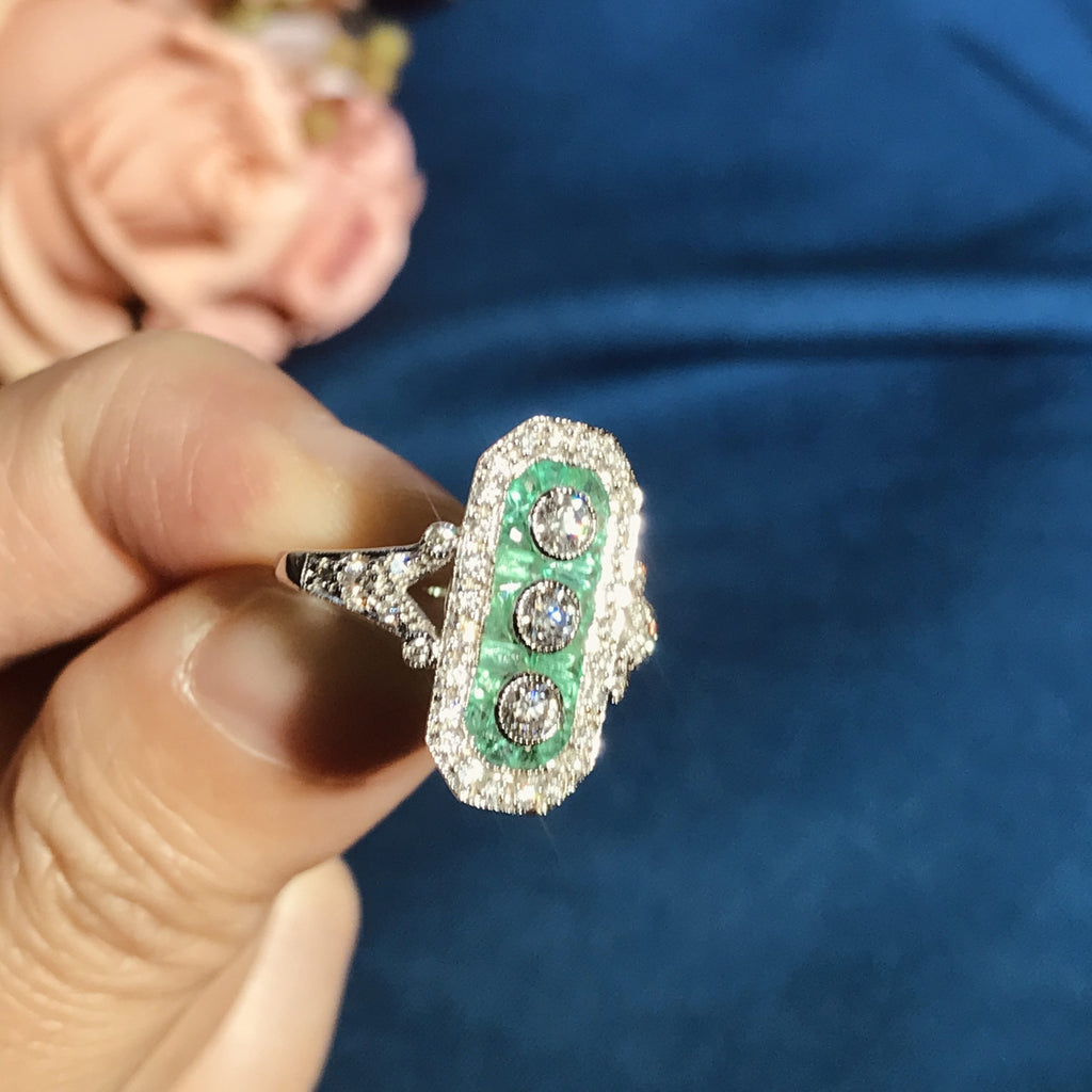 Art Deco Style Diamond & Green Emerald Three Stone White Gold Shield Ring