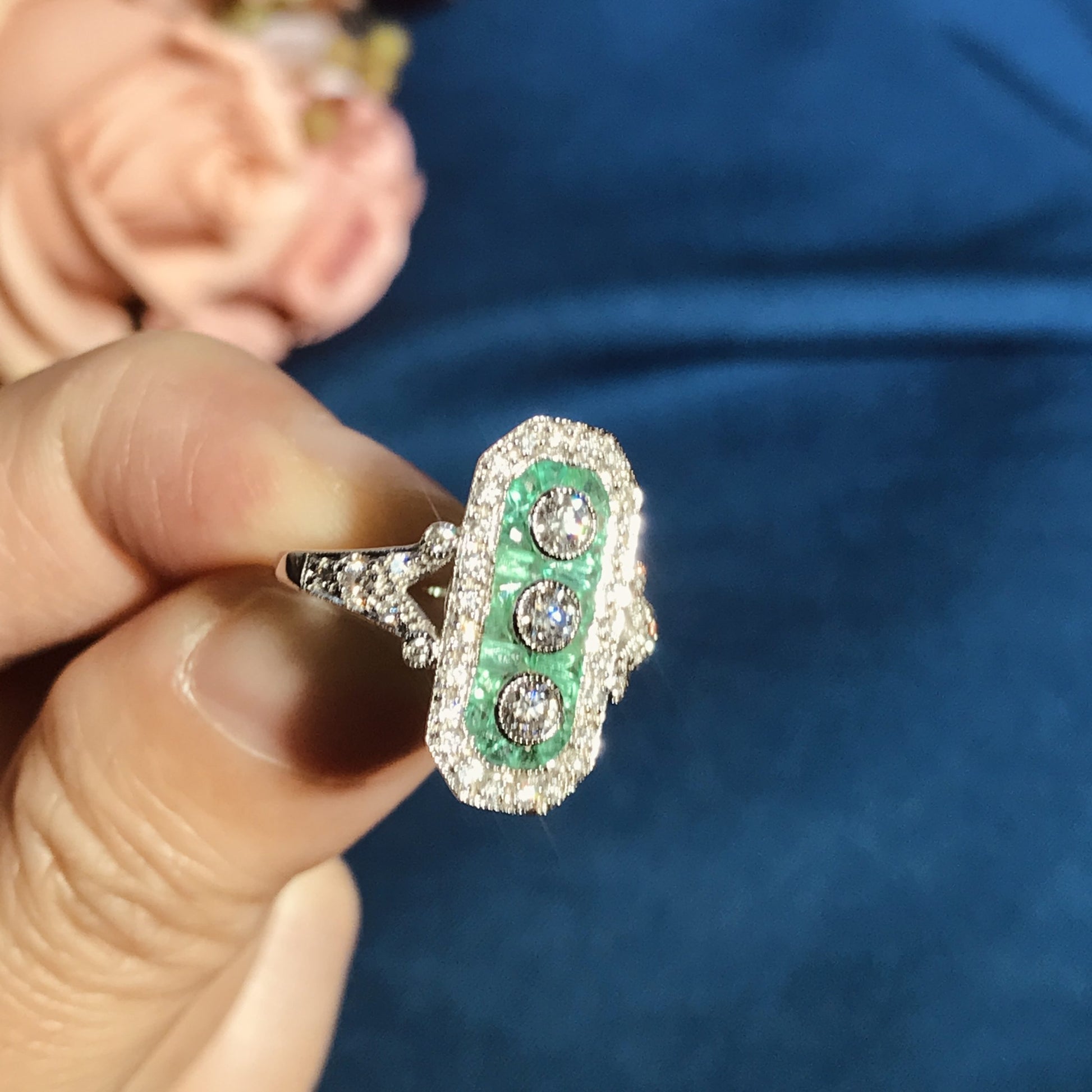 Art Deco Style Diamond & Green Emerald Three Stone White Gold Shield Ring
