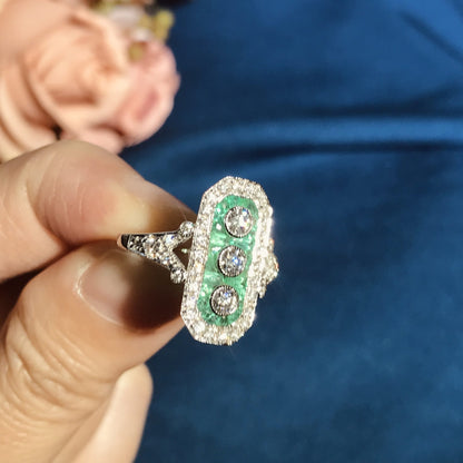 Art Deco Style Diamond & Green Emerald Three Stone White Gold Shield Ring
