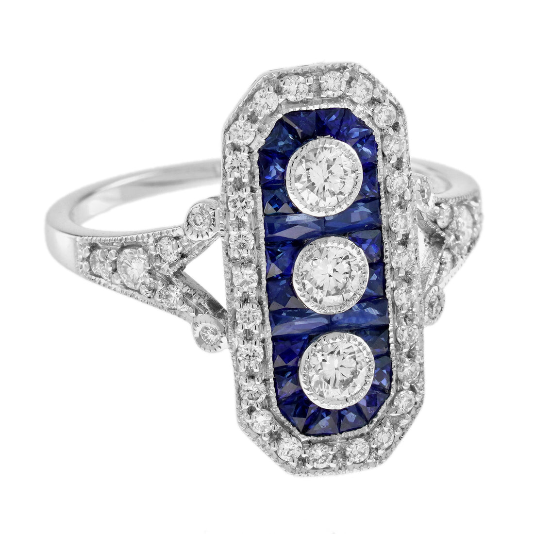 Diamond & Blue Sapphire Halo Set Art Deco Style Three Stone 14K White Gold Ring