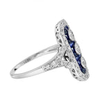 Diamond & Blue Sapphire Halo Set Art Deco Style Three Stone 14K White Gold Ring