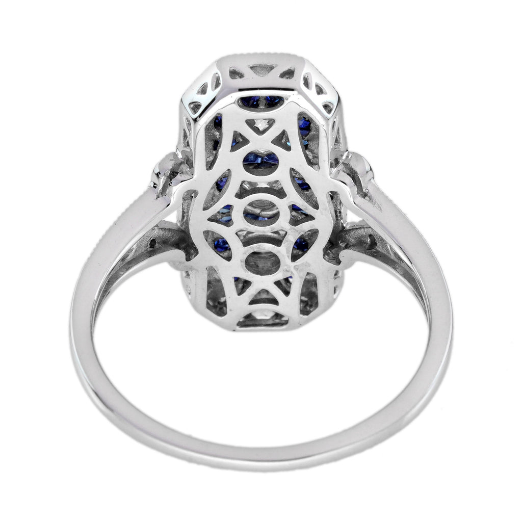 Diamond & Blue Sapphire Halo Set Art Deco Style Three Stone 14K White Gold Ring