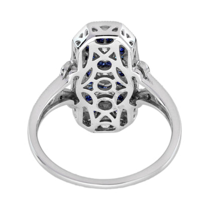Diamond &amp; Blue Sapphire Halo Set Art Deco Style Three Stone 14K White Gold Ring