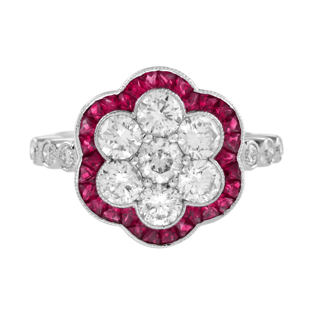 Diamond Cluster & Red Pink Ruby Art Deco Style Flower Floral 14K White Gold Ring
