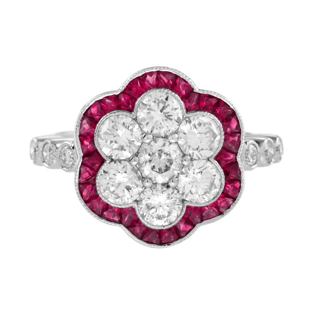 Diamond Cluster &amp; Red Pink Ruby Art Deco Style Flower Floral 14K White Gold Ring