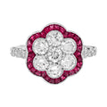 Diamond Cluster & Red Pink Ruby Art Deco Style Flower Floral 14K White Gold Ring