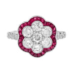 Diamond Cluster & Red Pink Ruby Art Deco Style Flower Floral 14K White Gold Ring