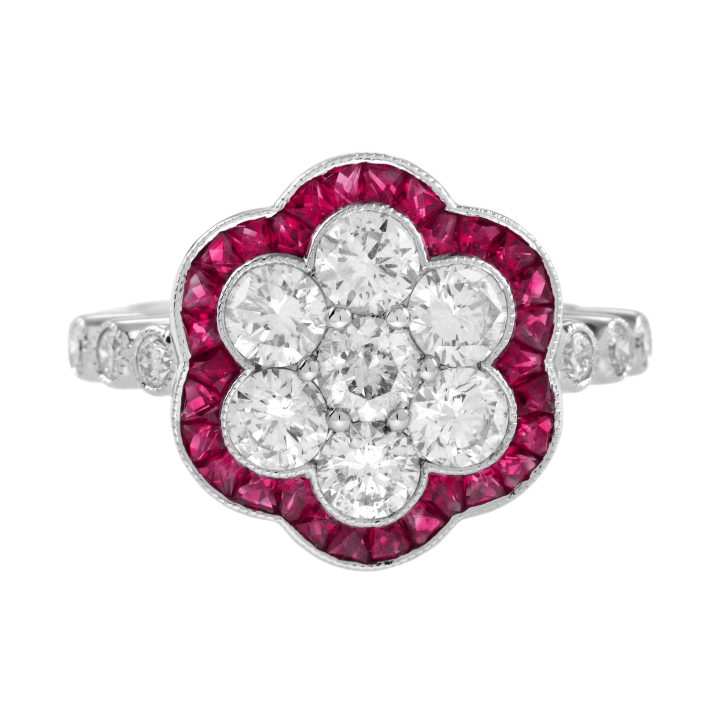 diamond cluster & red pink ruby art deco style flower floral 14k white gold ring