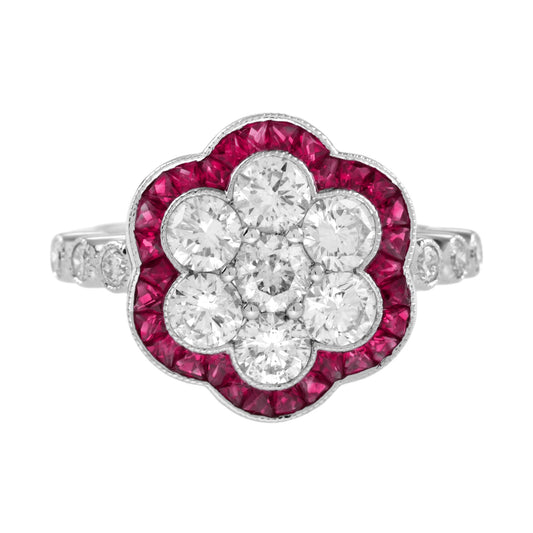Diamond Cluster & Red Pink Ruby Art Deco Style Flower Floral 14K White Gold Ring